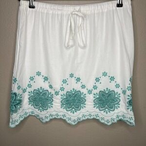 Sophie Max Women's White & Green Floral Embroidered 100% Cotton A-Line Skirt